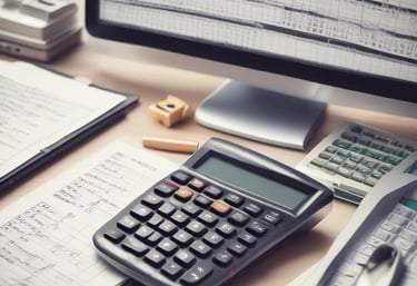 Calculatrice posée sur un bureau devant un ordinateur sur lequel est affiché des statistiques