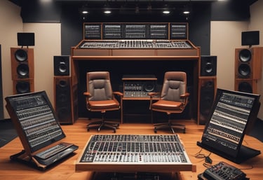 A person is standing in a recording studio. The individual wears headphones and is facing a professional microphone. The room is acoustically treated with foam padding on the walls. They appear to be gesturing with one hand in an expressive manner.