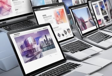 A laptop computer with a website displayed on the screen featuring the text 'Exceptional Web Application design & development'. The laptop is on a dark surface, and the website has a clean and modern design with a light background and colorful text elements.