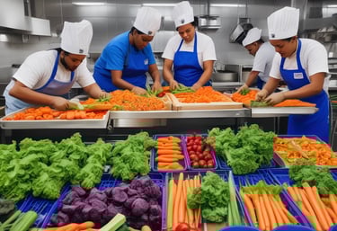 A group of people are engaged in cooking, surrounded by green plants and brick walls. Some are preparing food at a counter with pots and ingredients, while one person is operating a rotating grill. The atmosphere is casual and cooperative, with sunlight filtering through the space.
