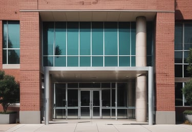 A person wearing a vest with the logo of SUSALUD is standing in front of a hospital emergency entrance. The building is large and painted in white and yellow with a sign labeled 'EMERGENCIA' above the door. There are a few people near the entrance, including what appears to be medical staff.