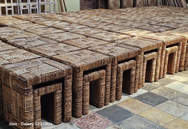 Table stool in abstract block banana fiber weave.