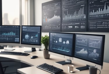 A person with long hair is sitting at a desk in a brightly lit office environment. They are writing on a clipboard and surrounded by various office supplies including a laptop, pens, and a stapler. On the desk, there is also a bowl of fruit and some stacked books. Certificates or diplomas are framed on the wall behind.
