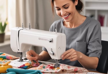 A person wearing traditional clothing is weaving with natural materials, surrounded by woven baskets and textiles. The setting appears to be a craft or artisan environment with handmade items and a natural aesthetic.