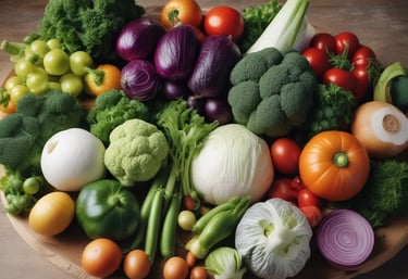 A collection of fresh vegetables including onions, carrots, celeriac, leeks, a leafy green vegetable, and a can of organic coconut milk are arranged on a patterned surface. The items are organized with some inside a cardboard box labeled 'Feel Good Farming' and others placed alongside a magazine feature.