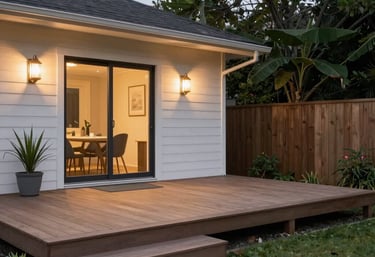 A man and woman stand in a rustic kitchen with wooden cabinets and a patterned curtain. They are holding a large rectangular sign advertising windows, roofing, doors, and siding, featuring a logo and contact number. The kitchen counter has various items, including a dish rack and some utensils.