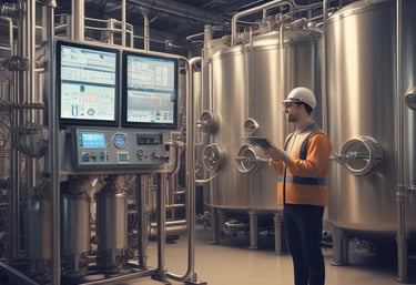 A modern industrial setting featuring an automated assembly line machine enclosed in glass. The room is well-lit with a sleek design, including wooden accents and clean surfaces. There is a focus on the machinery, with components visible inside the enclosure.