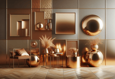 Interior design trend: warm, polished metal surfaces with rich tones of brass, bronze, and gold.