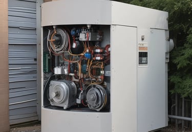 A scene of urban devastation featuring a severely damaged multi-story building with broken windows and a charred facade. The surrounding area is littered with debris and a wrecked car is parked among the rubble. A large tree stands near the building, and a few people are seen walking along the street.
