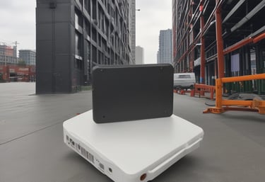 A technician demonstrating RFID technology in a warehouse setting.
