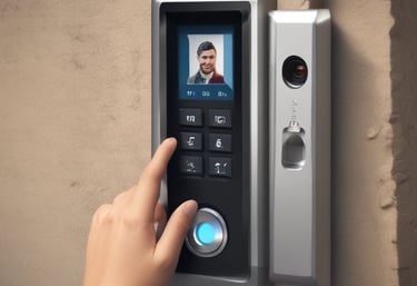 A modern access control system featuring a fingerprint reader and a video door phone.