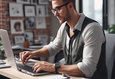 A professional working on a laptop in a modern office space.