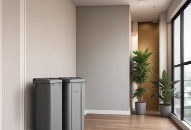 A well-dressed janitor in a suit and bowtie, elegantly managing waste in a pristine apartment building environment.