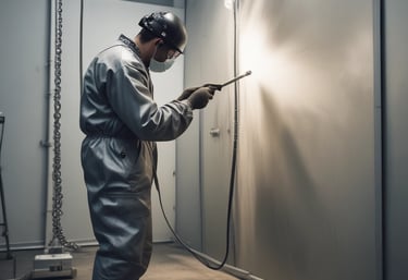 A photo of industrial equipment being sandblasted, showcasing the preparation process.