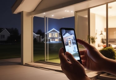 A cozy living room with smart lighting and devices.