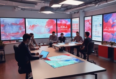 A modern office space with a collaborative team discussing marketing strategies.