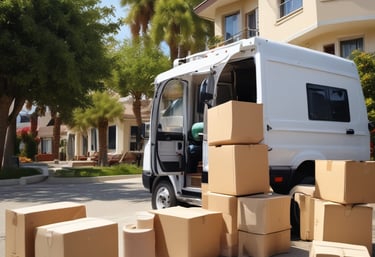 A professional moving truck parked in front of a house.