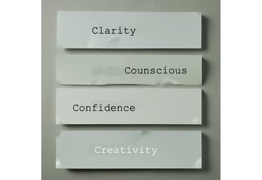 Four pieces of paper with the typed words: Clarity, Counscious, Confidence, Creativity.