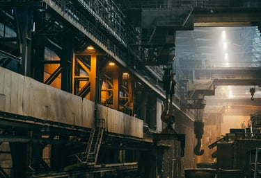 a factory with a large amount of steel and a lot of machinery