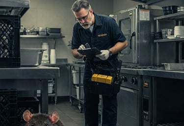 un homme dans une cuisine avec un rat