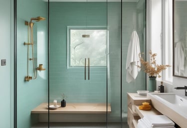 A clean and elegant bathroom features a large white bathtub with a modern design. At the front of the tub, there are neatly folded white towels and a textured blue bath mat draped over the edge. To the right, a potted orchid with purple flowers adds a touch of nature and color. Next to the orchid, two bottles of liquid soap or lotion are arranged near the faucet. The walls surrounding the tub are partially tiled with earthy-colored tiles, and a framed artwork hangs above the tub. A window on the left side lets natural light illuminate the space.