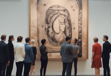 A group of people at a museum gallery, looking in awe at a picture on the wall.