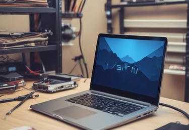 A laptop with a blank screen is positioned centrally on a dark desk, with a phone and a computer mouse nearby. The background is a blurred office setting with some indistinct furniture and lighting.