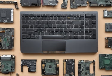 A laptop with a blank screen sits on a white desk. In the background, multiple colorful sticky notes and documents are posted on a large board, suggesting a creative or collaborative workspace environment.