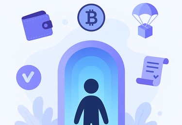 O ChatGPT disse: Alt Text: A 2D digital illustration titled "Crypto Starter Packs" shows a dark blue