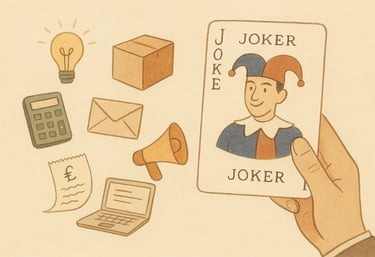 Hand holding a joker playing card surrounded by business icons like a calculator, receipt, laptop