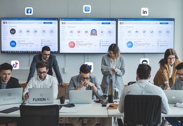 "A modern high-tech business office featuring digital screens with AI analytics, professionals working at computers, holograp