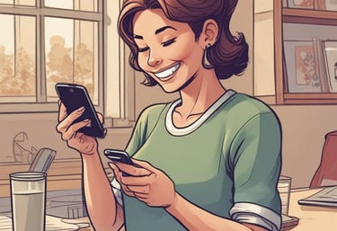 A person is holding a smartphone, engaging with an app that resembles LinkedIn. The individual is using their thumb to scroll or select on the screen. They are wearing a red top, and the background includes a light-colored couch.