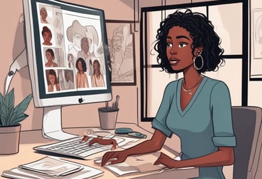 Two individuals are engaged in a collaborative setting. One person is holding a smartphone displaying a website, and the other is seated at a table with a laptop open, showing a job preference page. They seem to be reviewing or comparing information on both devices.