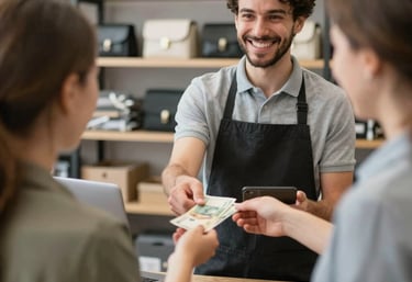 A welcoming team meeting in a modern office, collaborating over financial documents and laptops.