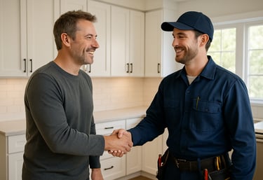 A satisfied homeowner shaking hands with a professional electrician in a bright North American kitchen, both smiling, conveying trust and satisfaction.
