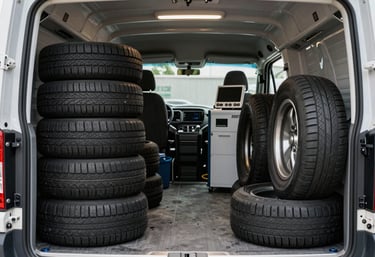 Inside of a well-organized mobile tire service van, showing rows of premium tires and clean, modern equipment.