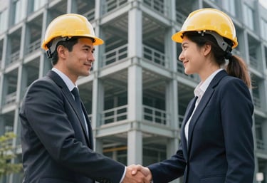 Two professional engineers, one male and one female, shaking hands firmly in front of a modern steel framework of a building, Central European / German urban environment.
