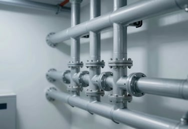 Modern interior of a mechanical room showing a complex but orderly network of hydrosanitary pipes. The lighting highlights the clean installation and the professional #1E2A38 and #F8F9F9 color scheme.