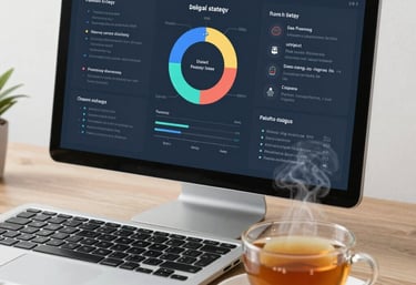 A calm, organized workspace with a notebook, coffee, and digital devices.