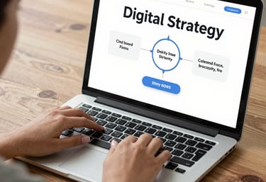 A focused virtual assistant working on a laptop with marketing charts on screen.