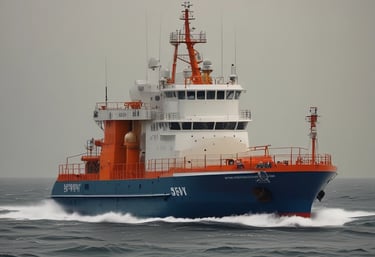 A sturdy offshore supply vessel navigating the calm blue waters near the Stabroek block at sunrise.