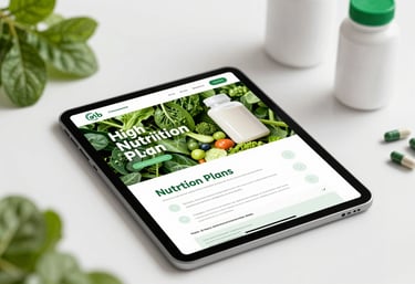 A professional flat-lay of a high-performance nutrition plan on a digital tablet next to healthy, vibrant greens and professional supplements. Clean lighting with #F5F5F5 background and subtle #4A8C67 accents.