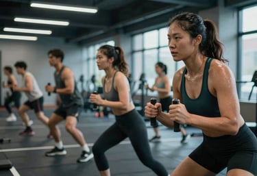 A high-energy shot of a group functional training class. Athletes are in motion, with dynamic lighting hitting the sweat. Modern, industrial gym aesthetics with #222222 and #4A8C67 tones.