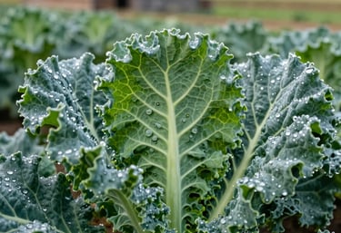 Macro photography of vibrant, deep green organic kale leaves with fresh morning dew. Shallow depth of field with a rustic North American farm background in soft focus.