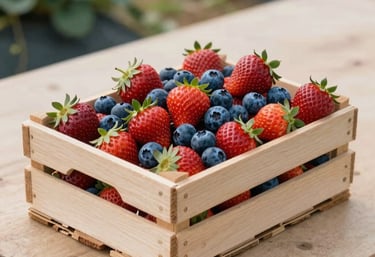 A sustainable wooden crate overflowing with ripe red strawberries and deep blue berries on a tan-colored farm table in a US setting. Soft natural side lighting.