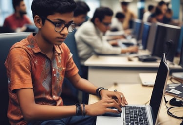 A creative team collaborating over laptops and sketches in a bright, modern office.