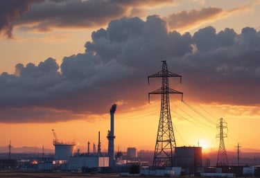 A panoramic view of a large industrial power plant under a clear blue sky.
