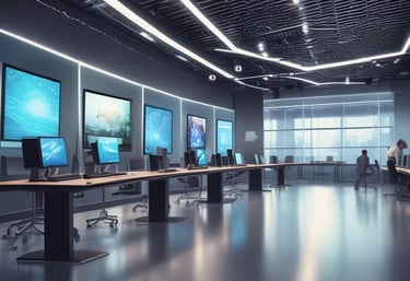 A team brainstorming session with diverse developers collaborating over digital devices.