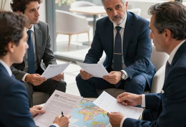 Candid photo of a diplomatic discussion in a sunlit lounge. People in professional attire conversing with maps and documents. Steel blue and off-white tones. Global / Spanish-speaking.