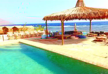 Budget friendly beach vacation pool in front of the sea in Egypt
